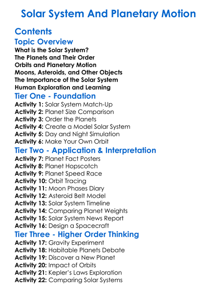 Solar System And Planetary Motion Worksheet Activity Booklet