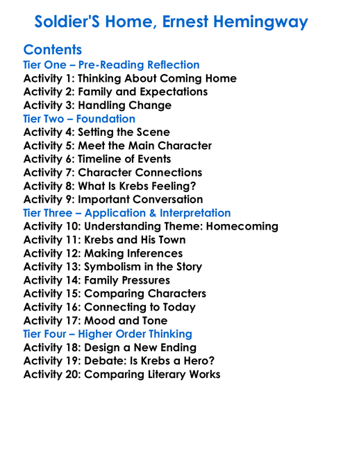 Soldiers Home Ernest Hemingway Worksheet Activity Booklet
