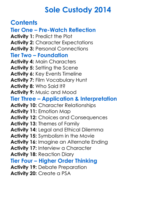 Sole Custody 2014 Worksheet Activity Booklet