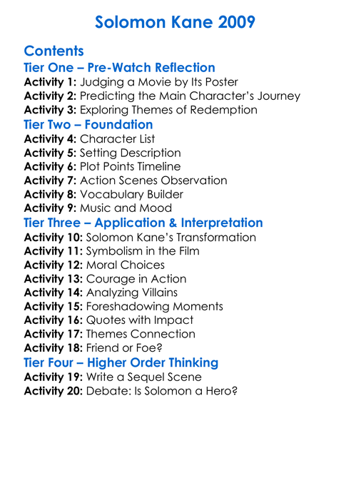 Solomon Kane 2009 Worksheet Activity Booklet