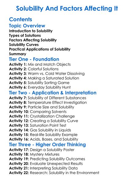 Solubility And Factors Affecting It Worksheet Activity Booklet