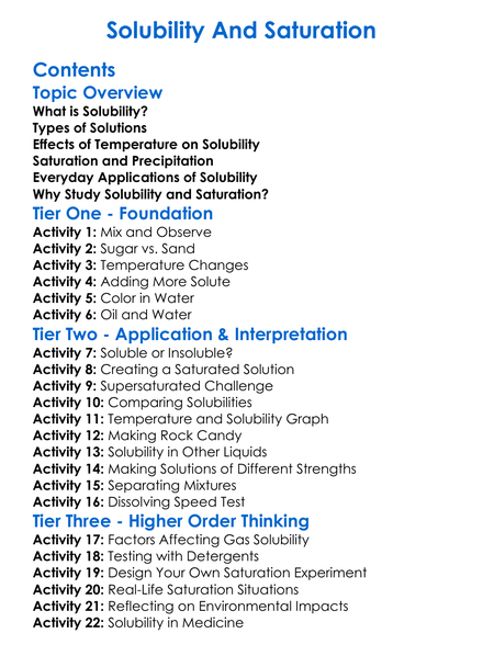 Solubility And Saturation Worksheet Activity Booklet