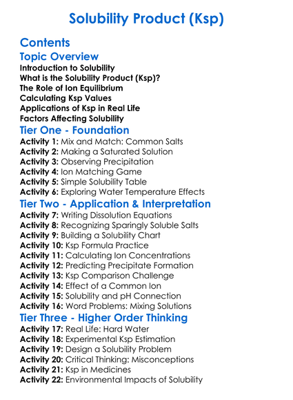 Solubility Product Ksp Worksheet Activity Booklet