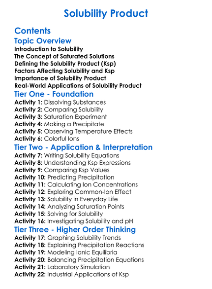 Solubility Product Worksheet Activity Booklet