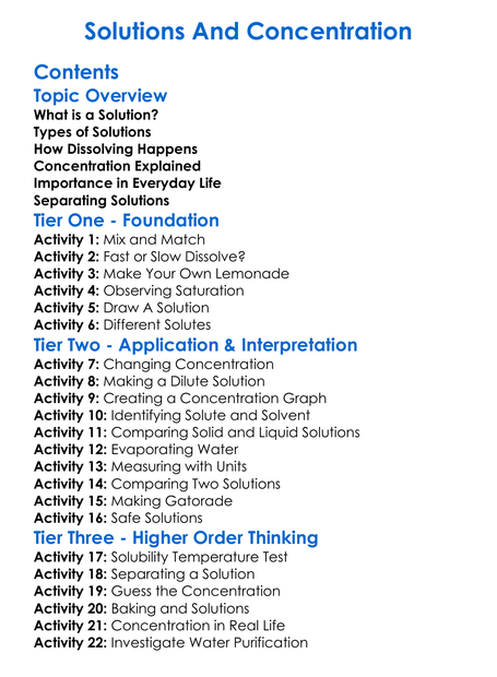 Solutions And Concentration Worksheet Activity Booklet