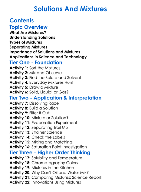 Solutions And Mixtures Worksheet Activity Booklet