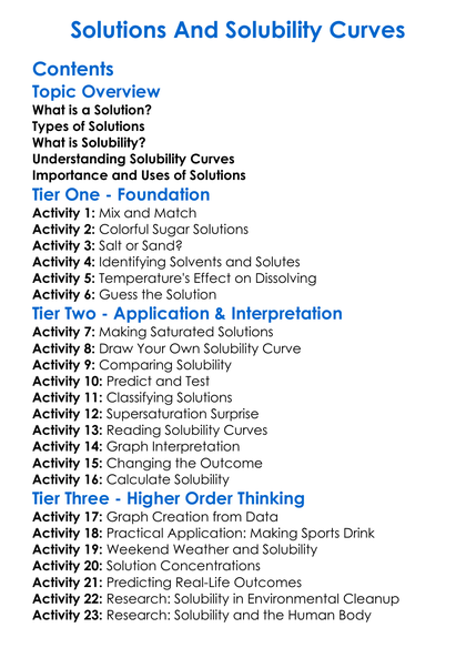Solutions And Solubility Curves Worksheet Activity Booklet