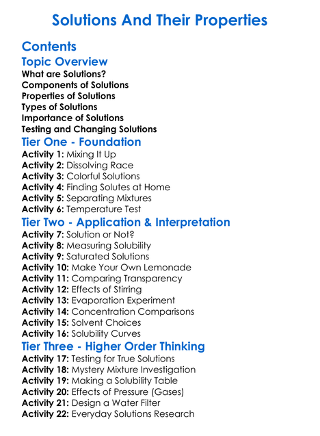 Solutions And Their Properties Worksheet Activity Booklet
