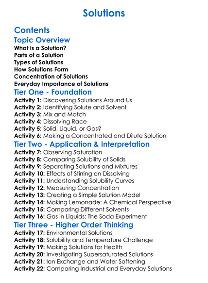Solutions Worksheet Activity Booklet