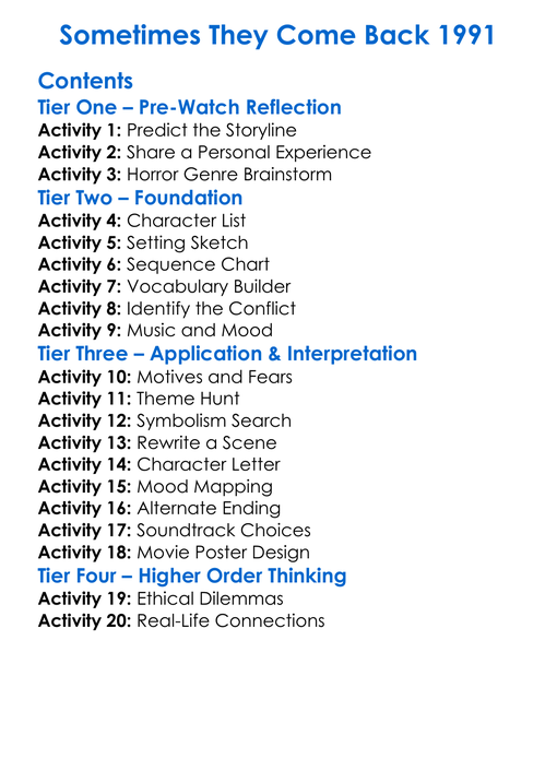 Sometimes They Come Back 1991 Worksheet Activity Booklet