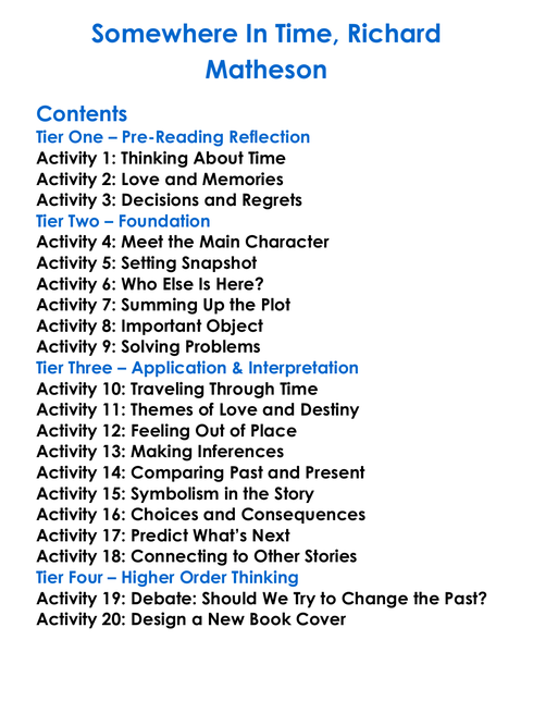 Somewhere In Time Richard Matheson Worksheet Activity Booklet