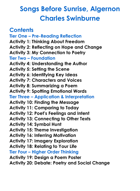 Songs Before Sunrise Algernon Charles Swinburne Worksheet Activity Booklet