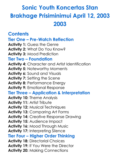 Sonic Youth Koncertas Stan Brakhage Prisiminimui April 12 2003 2003 Worksheet Activity Booklet