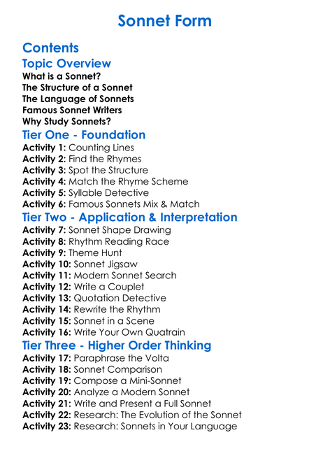 Sonnet Form Worksheet Activity Booklet