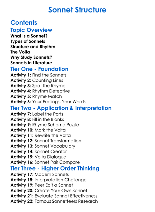 Sonnet Structure Worksheet Activity Booklet