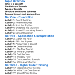 Sonnet Worksheet Activity Booklet