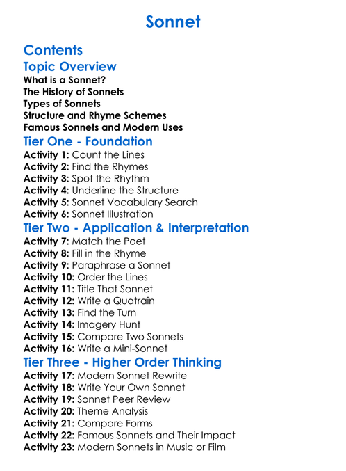 Sonnet Worksheet Activity Booklet