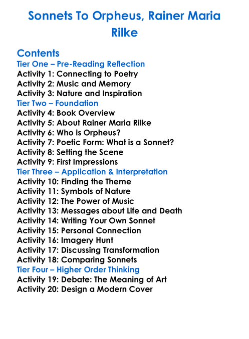 Sonnets To Orpheus Rainer Maria Rilke Worksheet Activity Booklet