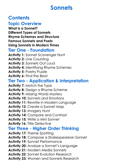 Sonnets Worksheet Activity Booklet