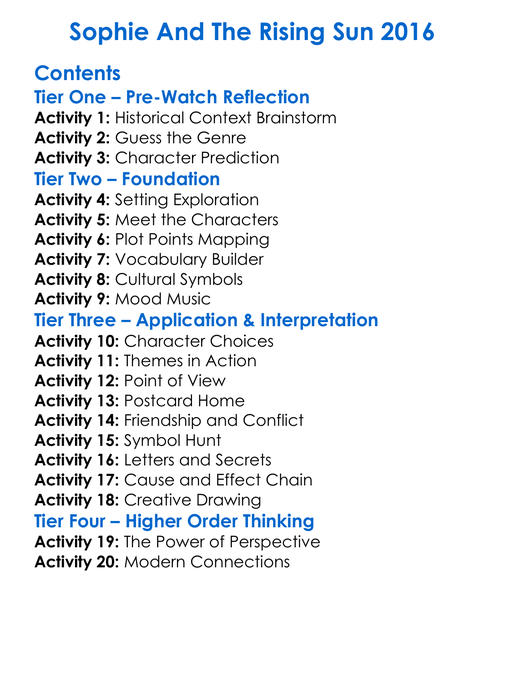 Sophie And The Rising Sun 2016 Worksheet Activity Booklet