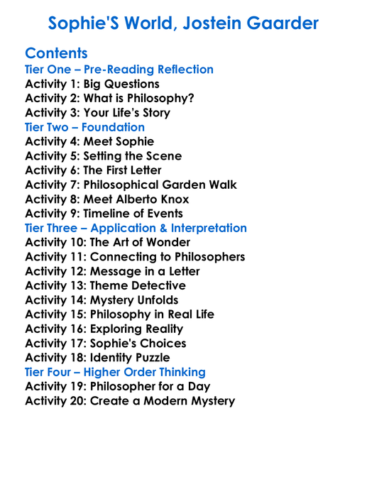 Sophies World Jostein Gaarder Worksheet Activity Booklet