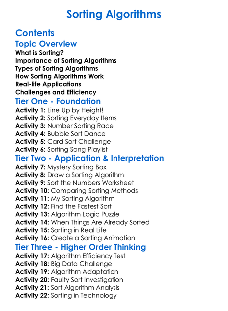 Sorting Algorithms Worksheet Activity Booklet