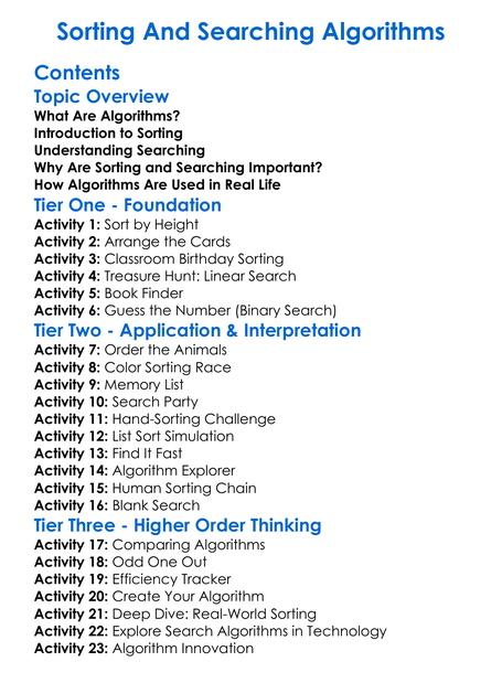 Sorting And Searching Algorithms Worksheet Activity Booklet