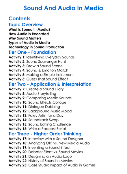 Sound And Audio In Media Worksheet Activity Booklet