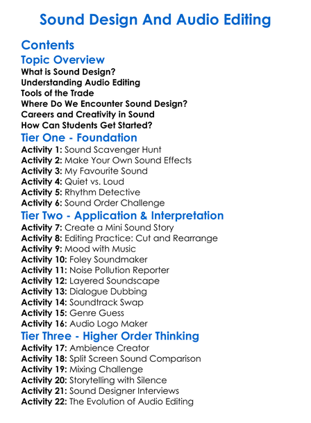 Sound Design And Audio Editing Worksheet Activity Booklet