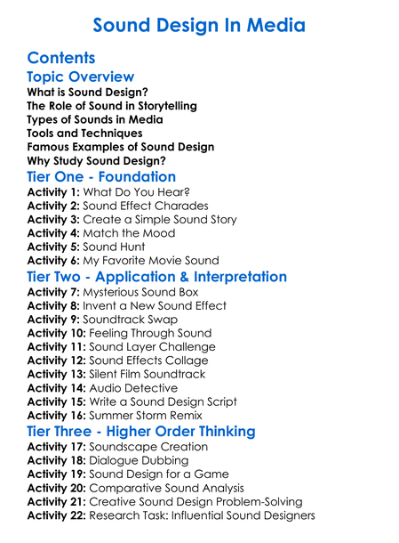Sound Design In Media Worksheet Activity Booklet