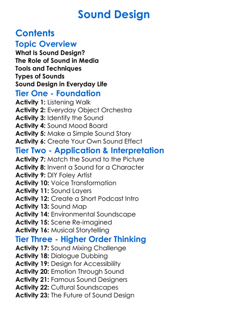 Sound Design Worksheet Activity Booklet