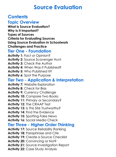 Source Evaluation Worksheet Activity Booklet