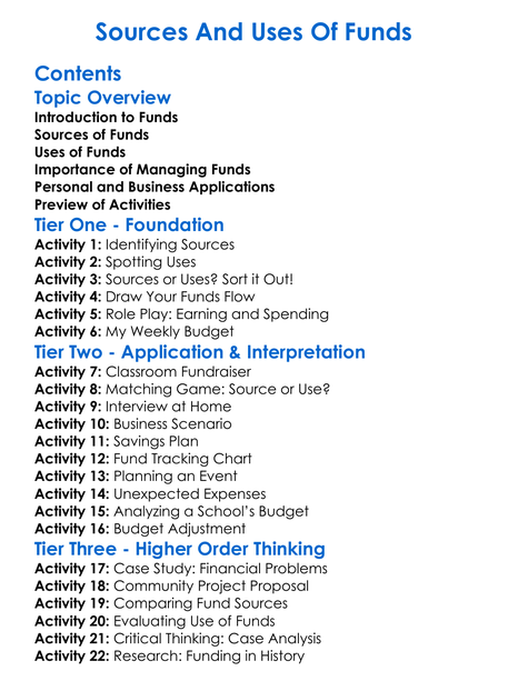 Sources And Uses Of Funds Worksheet Activity Booklet