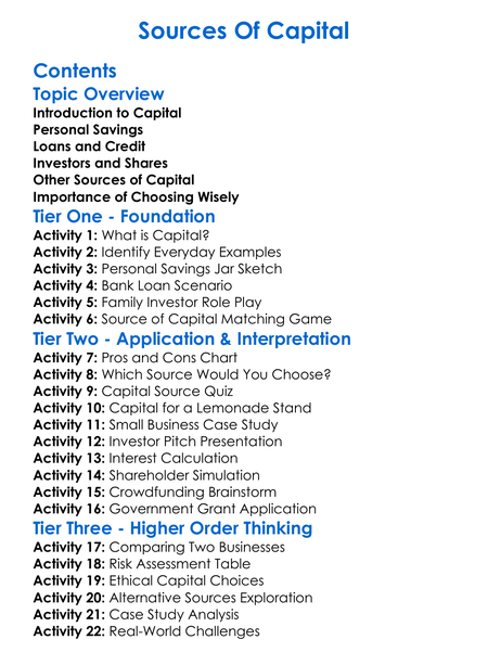 Sources Of Capital Worksheet Activity Booklet