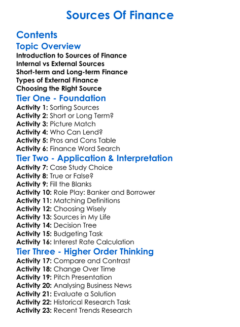 Sources Of Finance Worksheet Activity Booklet