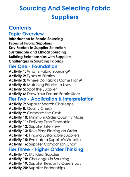 Sourcing And Selecting Fabric Suppliers Worksheet Activity Booklet