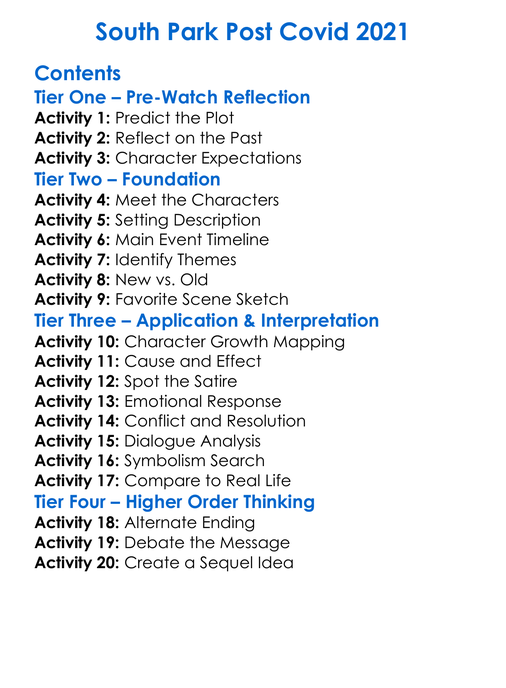 South Park Post Covid 2021 Worksheet Activity Booklet