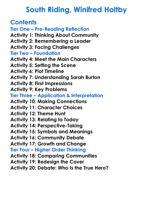 South Riding Winifred Holtby Worksheet Activity Booklet
