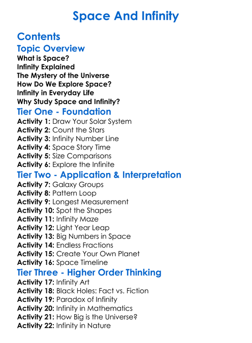 Space And Infinity Worksheet Activity Booklet