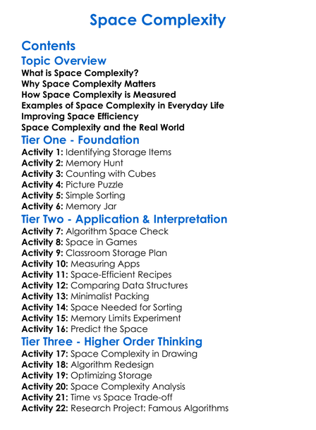 Space Complexity Worksheet Activity Booklet