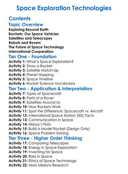Space Exploration Technologies Worksheet Activity Booklet