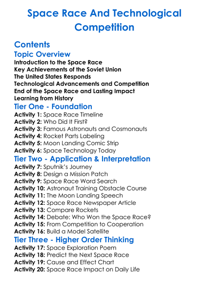 Space Race And Technological Competition Worksheet Activity Booklet