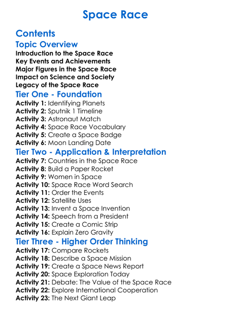 Space Race Worksheet Activity Booklet
