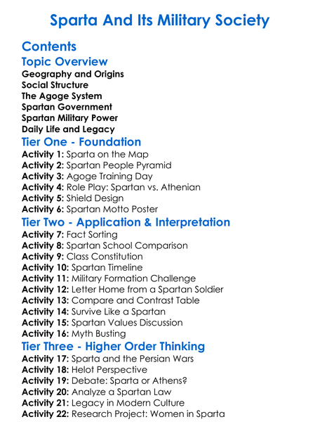 Sparta And Its Military Society Worksheet Activity Booklet