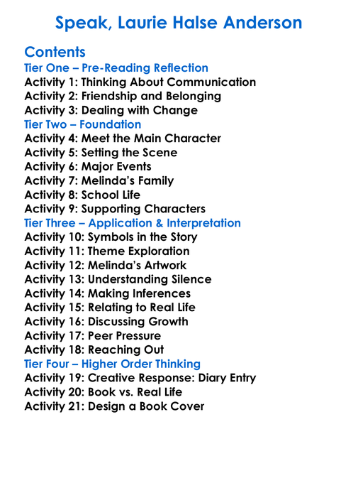 Speak Laurie Halse Anderson Worksheet Activity Booklet