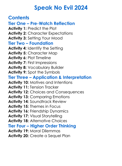 Speak No Evil 2024 Worksheet Activity Booklet