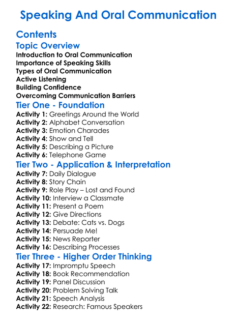 Speaking And Oral Communication Worksheet Activity Booklet