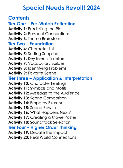 Special Needs Revolt 2024 Worksheet Activity Booklet