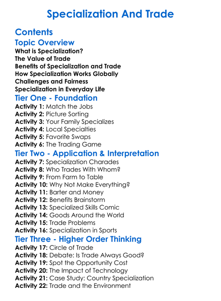 Specialization And Trade Worksheet Activity Booklet