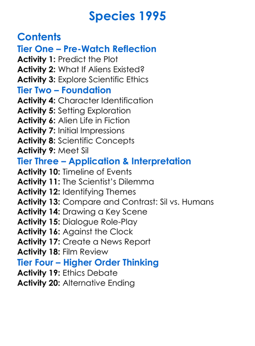 Species 1995 Worksheet Activity Booklet